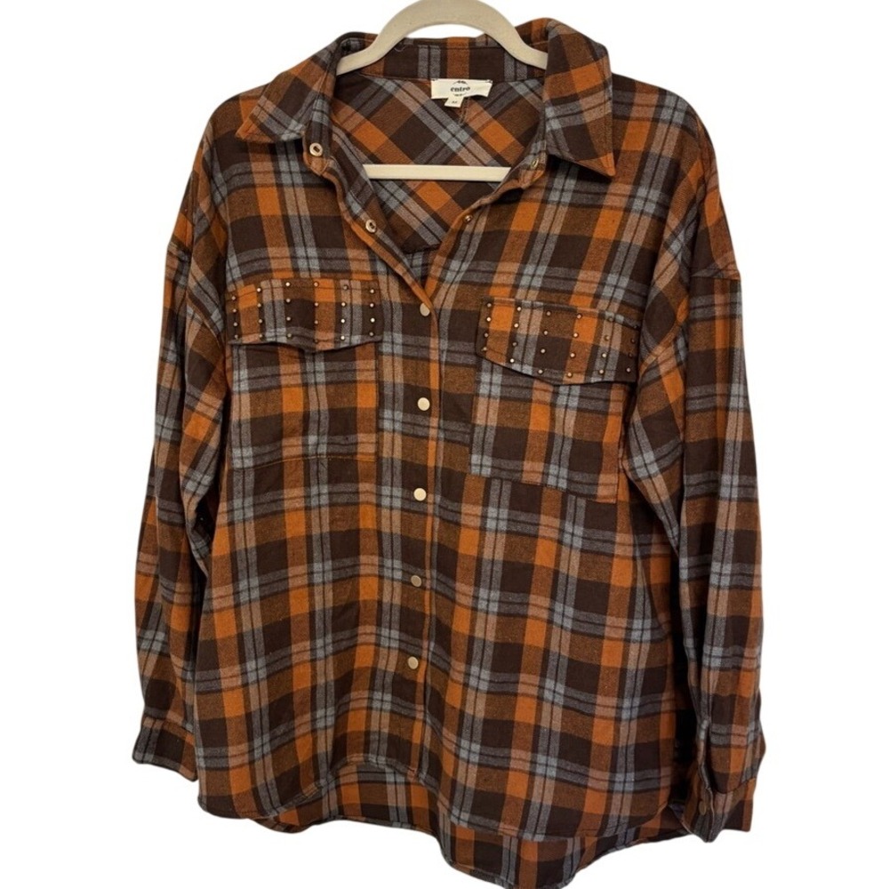 Entro Boxy Orange and Brown Notched Collar Button Down Shirt